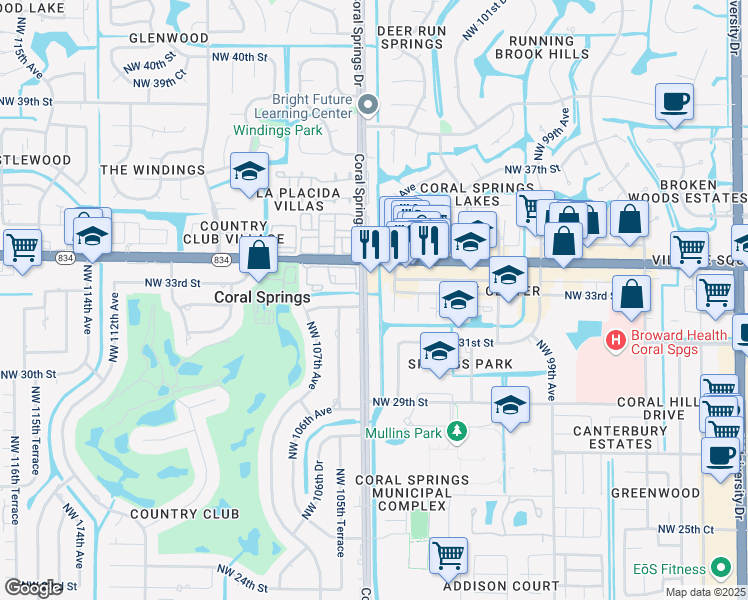 map of restaurants, bars, coffee shops, grocery stores, and more near 10533 Northwest 32nd Court in Coral Springs