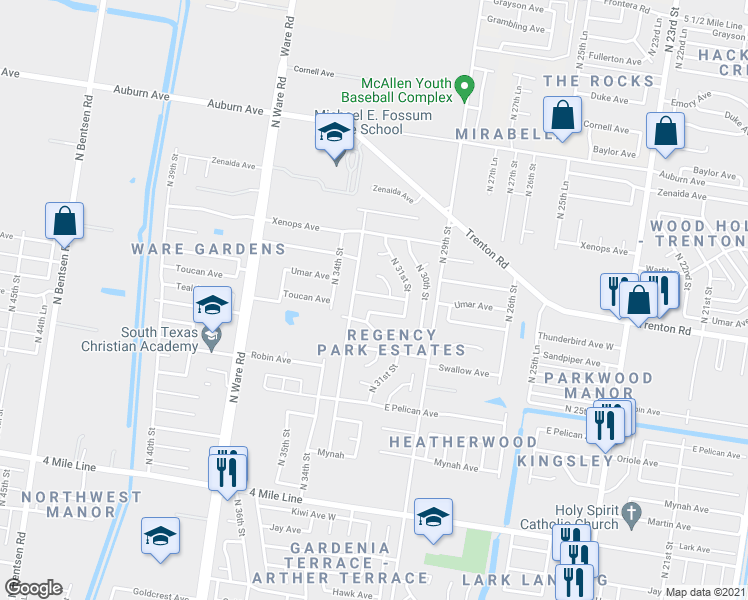 map of restaurants, bars, coffee shops, grocery stores, and more near 3213 Umar Avenue in McAllen