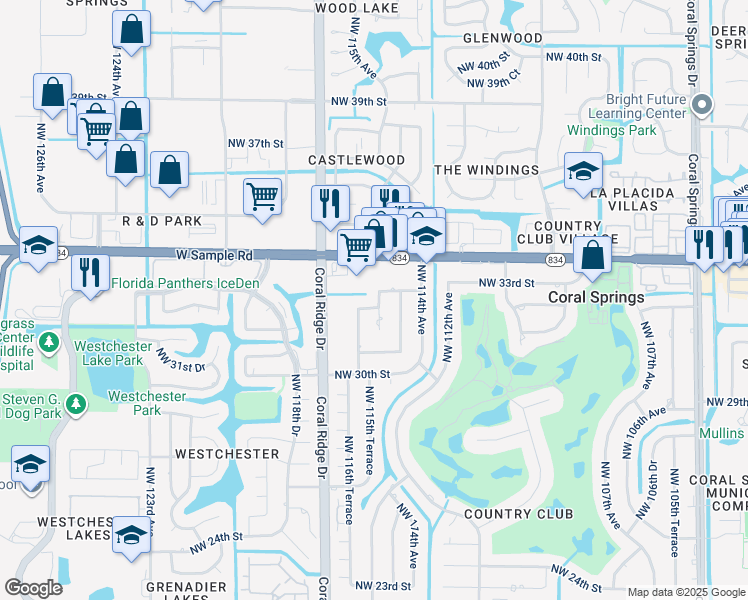 map of restaurants, bars, coffee shops, grocery stores, and more near 3240 Northwest 114th Lane in Coral Springs