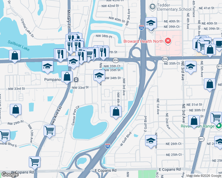 map of restaurants, bars, coffee shops, grocery stores, and more near 3201 Northwest 4th Terrace in Pompano Beach