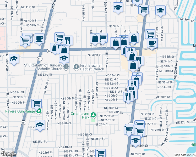 map of restaurants, bars, coffee shops, grocery stores, and more near 1401 Northeast 32nd Court in Pompano Beach