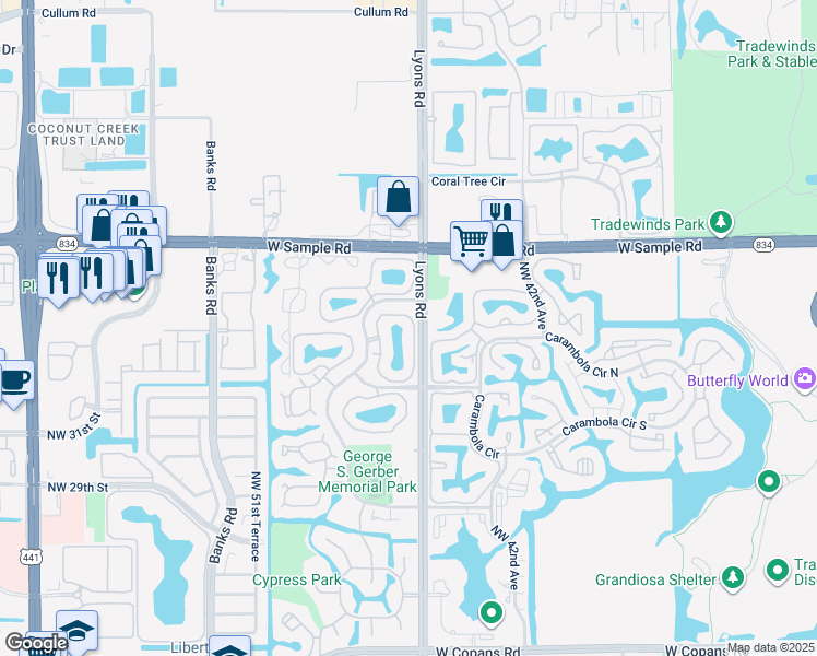 map of restaurants, bars, coffee shops, grocery stores, and more near 3834 Cocoplum Circle in Coconut Creek