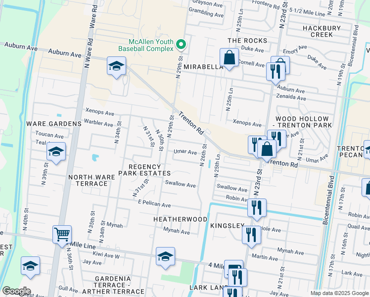 map of restaurants, bars, coffee shops, grocery stores, and more near 2712 Umar Avenue in McAllen