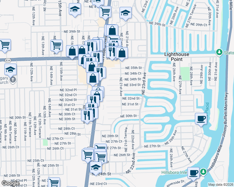 map of restaurants, bars, coffee shops, grocery stores, and more near 2011 Northeast 32nd Street in Lighthouse Point