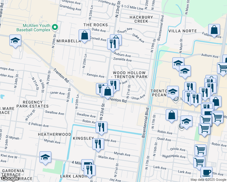 map of restaurants, bars, coffee shops, grocery stores, and more near 7312 North 23rd Street in McAllen