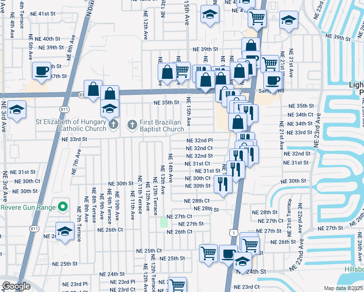 map of restaurants, bars, coffee shops, grocery stores, and more near 1461 Northeast 32nd Court in Pompano Beach