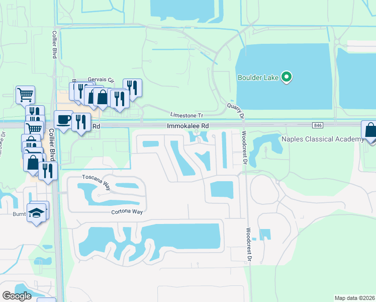 map of restaurants, bars, coffee shops, grocery stores, and more near 9278 Woodhurst Drive in Naples