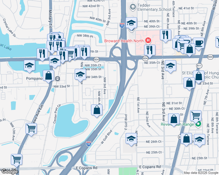 map of restaurants, bars, coffee shops, grocery stores, and more near 202 Northwest 32nd Court in Pompano Beach