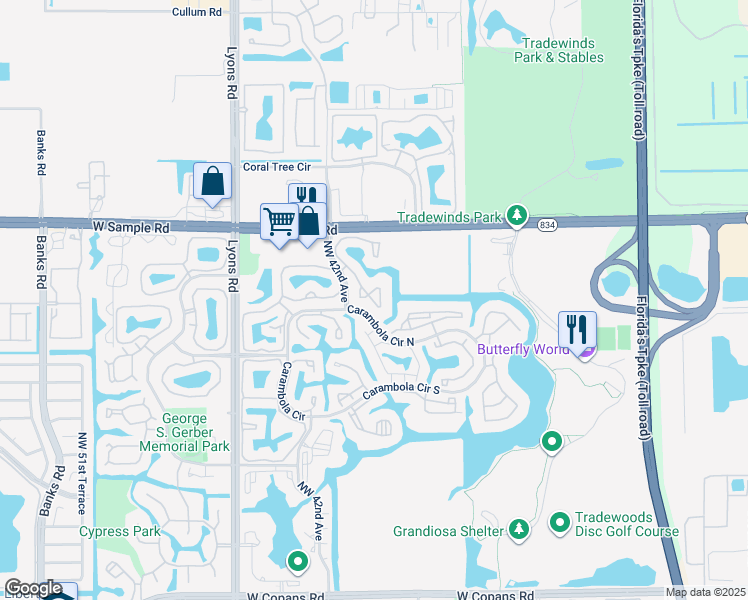 map of restaurants, bars, coffee shops, grocery stores, and more near 3559 Northwest 42nd Avenue in Coconut Creek