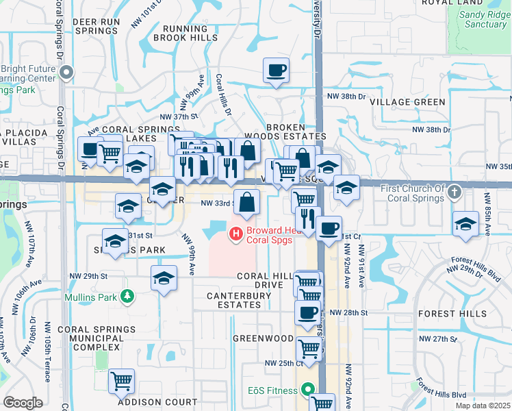 map of restaurants, bars, coffee shops, grocery stores, and more near 3331 Coral Hills Drive in Coral Springs