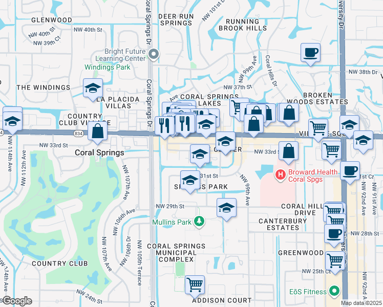 map of restaurants, bars, coffee shops, grocery stores, and more near 10254 Northwest 33rd Street in Coral Springs