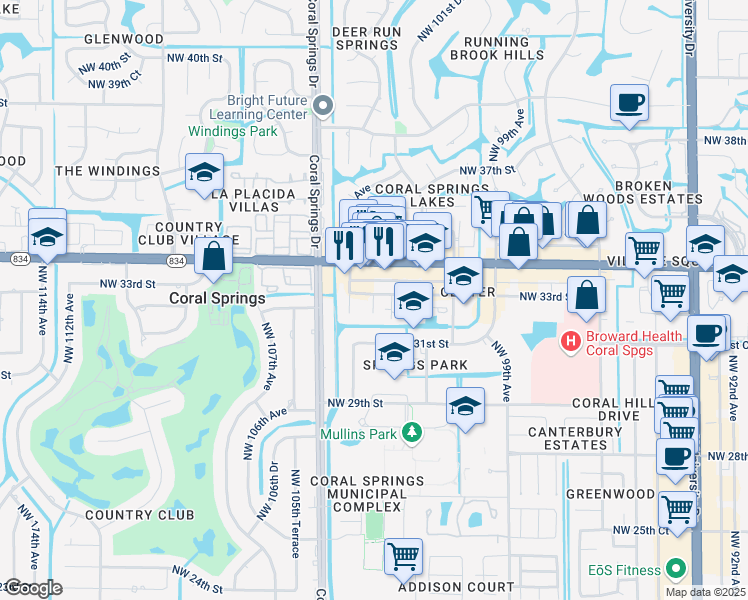 map of restaurants, bars, coffee shops, grocery stores, and more near 10254 Northwest 33rd Street in Coral Springs