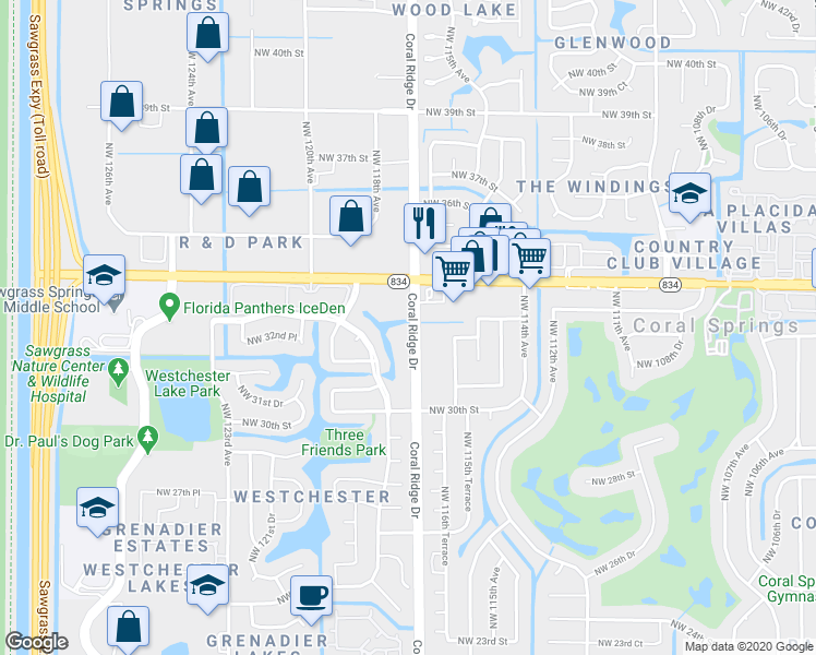 map of restaurants, bars, coffee shops, grocery stores, and more near 3262 Coral Ridge Drive in Coral Springs