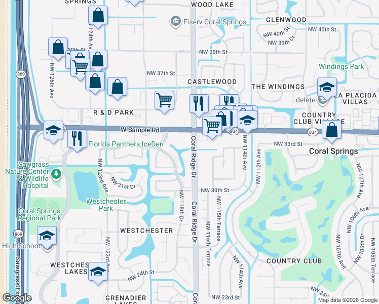 map of restaurants, bars, coffee shops, grocery stores, and more near 3262 Coral Ridge Drive in Coral Springs