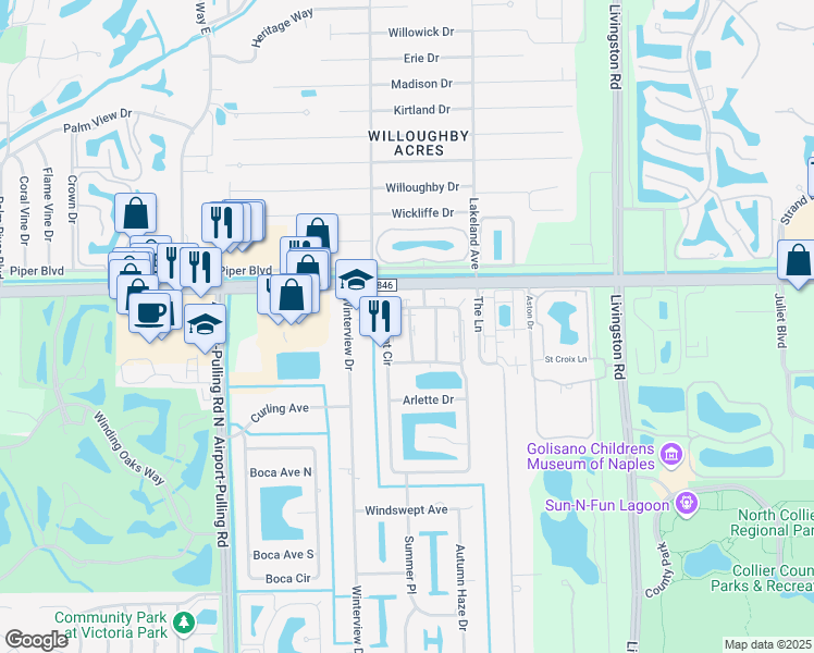 map of restaurants, bars, coffee shops, grocery stores, and more near 10774 King George Lane in Naples