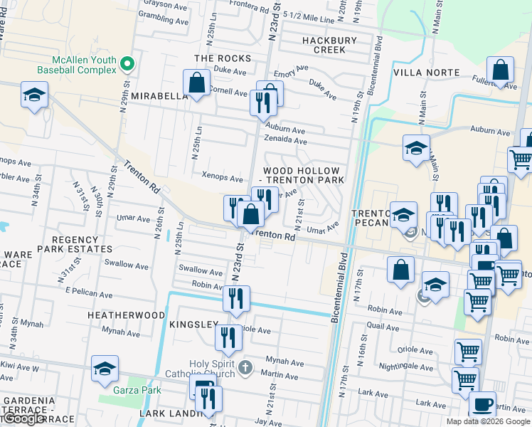 map of restaurants, bars, coffee shops, grocery stores, and more near 7312 North 23rd Street in McAllen
