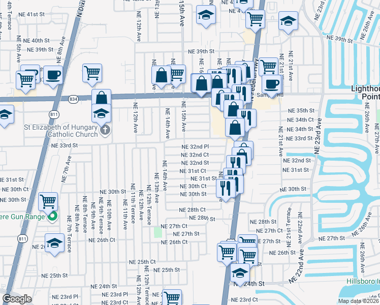 map of restaurants, bars, coffee shops, grocery stores, and more near 1461 Northeast 32nd Court in Pompano Beach