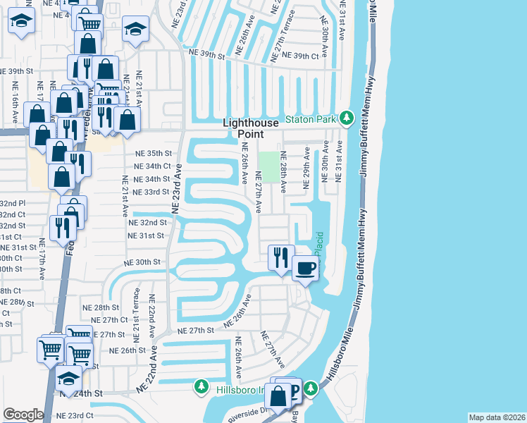 map of restaurants, bars, coffee shops, grocery stores, and more near 3216 Northeast 27th Avenue in Lighthouse Point