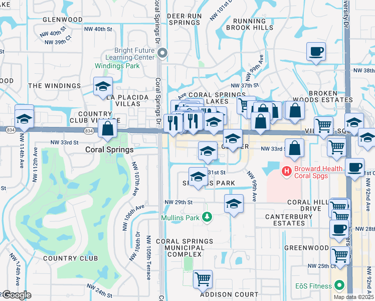 map of restaurants, bars, coffee shops, grocery stores, and more near 10254 Northwest 33rd Street in Coral Springs
