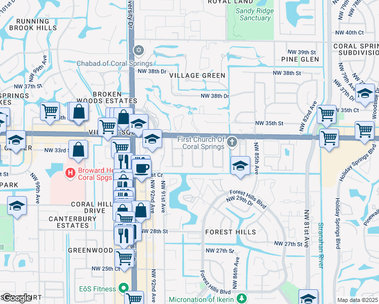 map of restaurants, bars, coffee shops, grocery stores, and more near 3212 Northwest 89th Terrace in Coral Springs