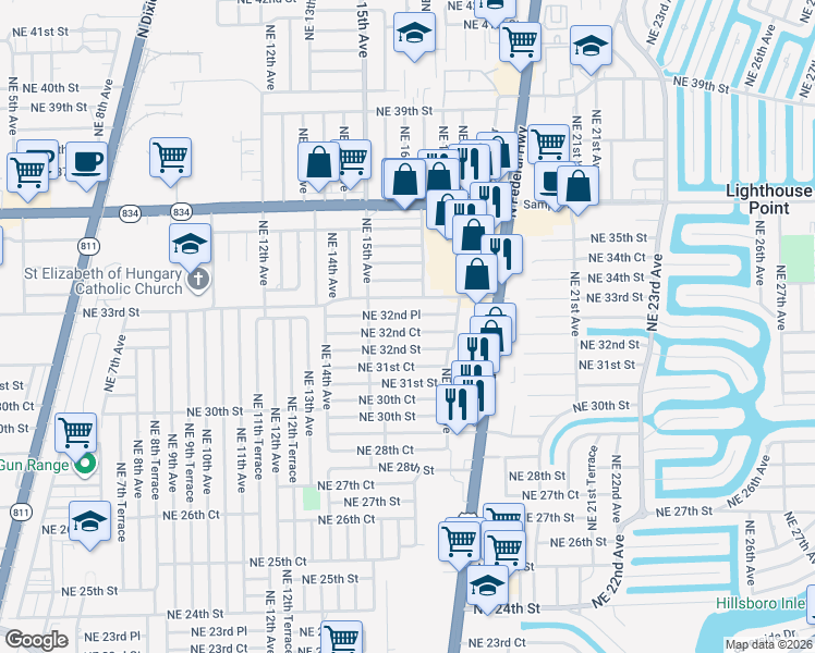 map of restaurants, bars, coffee shops, grocery stores, and more near 1561 Northeast 32nd Court in Pompano Beach