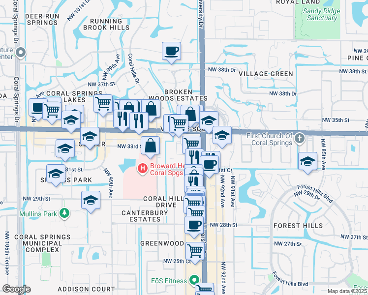 map of restaurants, bars, coffee shops, grocery stores, and more near in Coral Springs