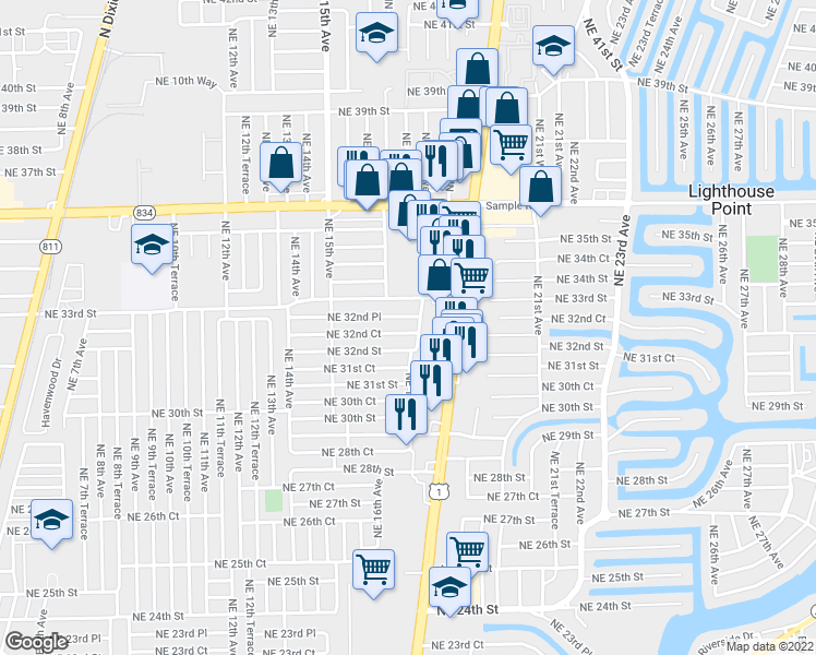 map of restaurants, bars, coffee shops, grocery stores, and more near 1661 Northeast 32nd Court in Pompano Beach