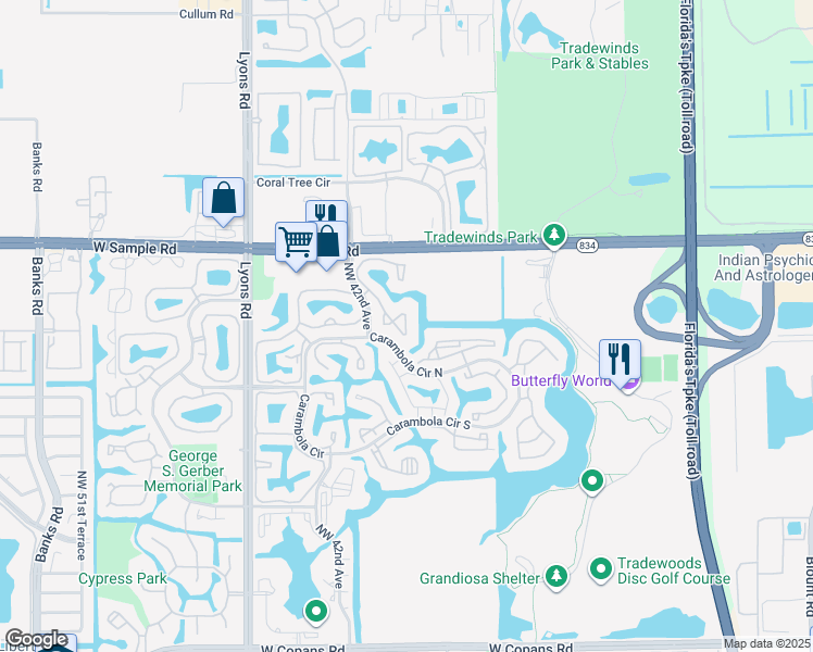 map of restaurants, bars, coffee shops, grocery stores, and more near 3645 Northwest 35th Street in Coconut Creek