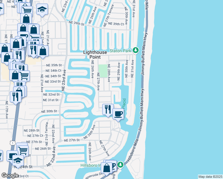 map of restaurants, bars, coffee shops, grocery stores, and more near 3216 Northeast 28th Avenue in Lighthouse Point