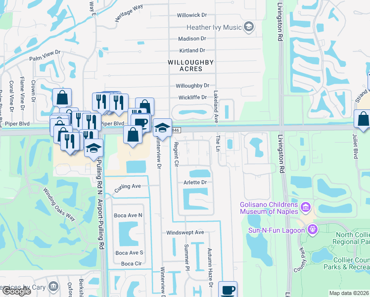 map of restaurants, bars, coffee shops, grocery stores, and more near 10774 King George Lane in Naples