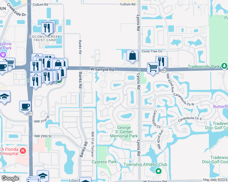 map of restaurants, bars, coffee shops, grocery stores, and more near 104 Cocoplum Circle in Coconut Creek