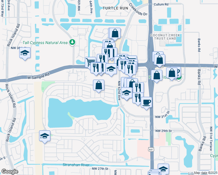 map of restaurants, bars, coffee shops, grocery stores, and more near 6205 Seminole Terrace in Margate