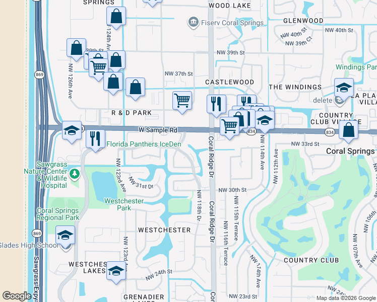 map of restaurants, bars, coffee shops, grocery stores, and more near 3187-3281 Northwest 118th Avenue in Coral Springs
