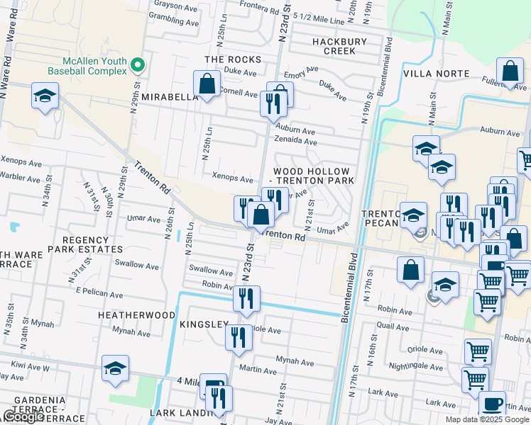 map of restaurants, bars, coffee shops, grocery stores, and more near 7312 North 23rd Street in McAllen