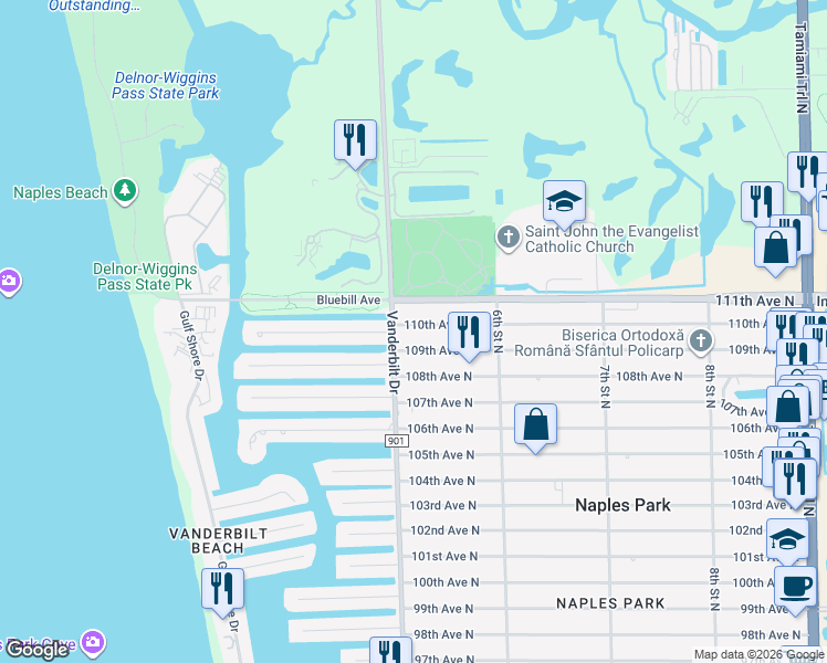 map of restaurants, bars, coffee shops, grocery stores, and more near 10940 Vanderbilt Drive in Naples