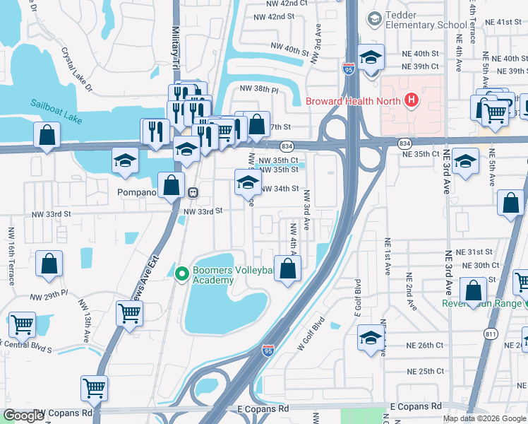 map of restaurants, bars, coffee shops, grocery stores, and more near 3201 Northwest 4th Terrace in Pompano Beach