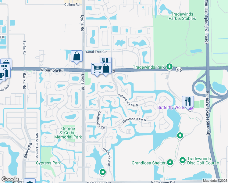 map of restaurants, bars, coffee shops, grocery stores, and more near 4319 Carambola Circle North in Coconut Creek