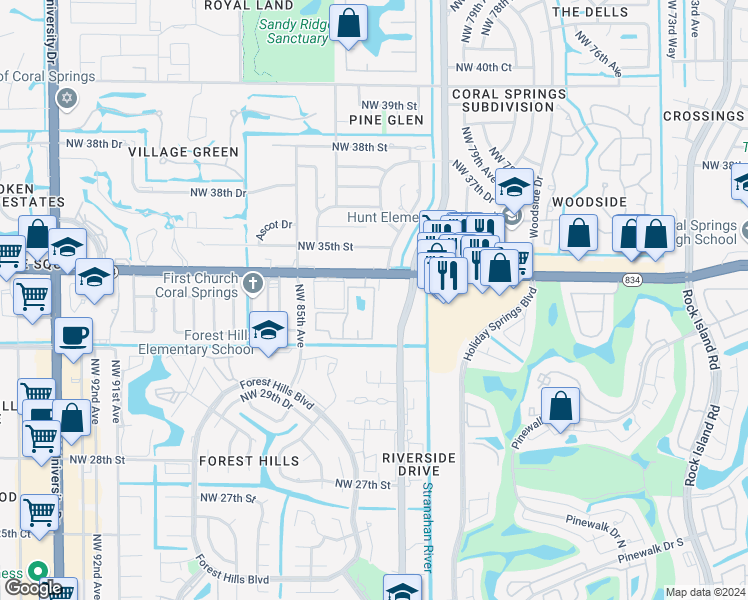 map of restaurants, bars, coffee shops, grocery stores, and more near 3280 Coral Lake Lane in Coral Springs