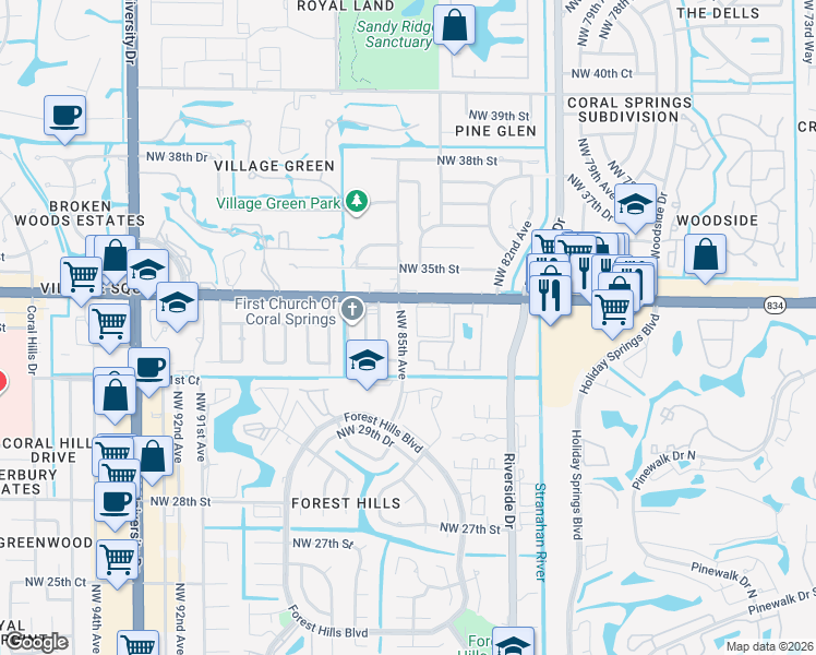 map of restaurants, bars, coffee shops, grocery stores, and more near 3351 Northwest 85th Avenue in Coral Springs