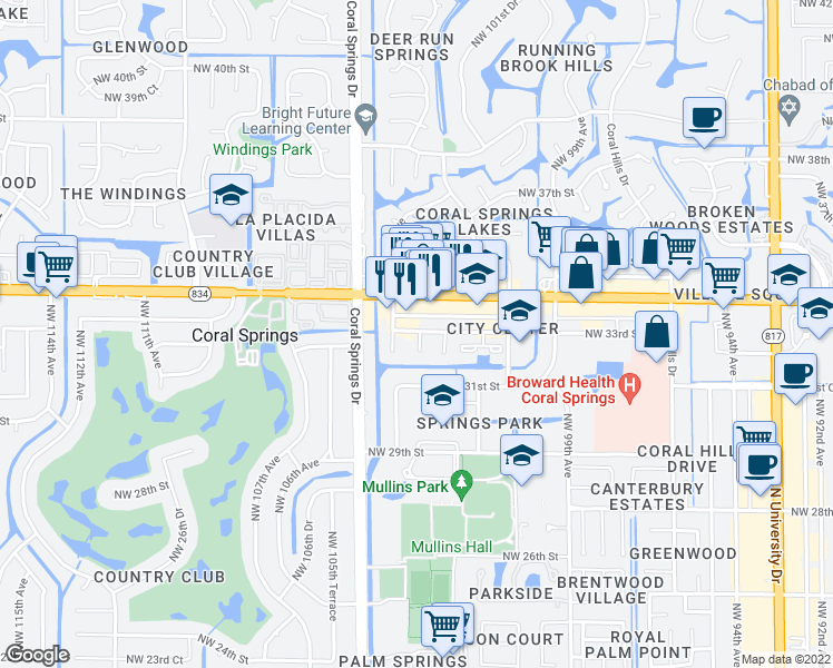 map of restaurants, bars, coffee shops, grocery stores, and more near 10254 Northwest 33rd Street in Coral Springs