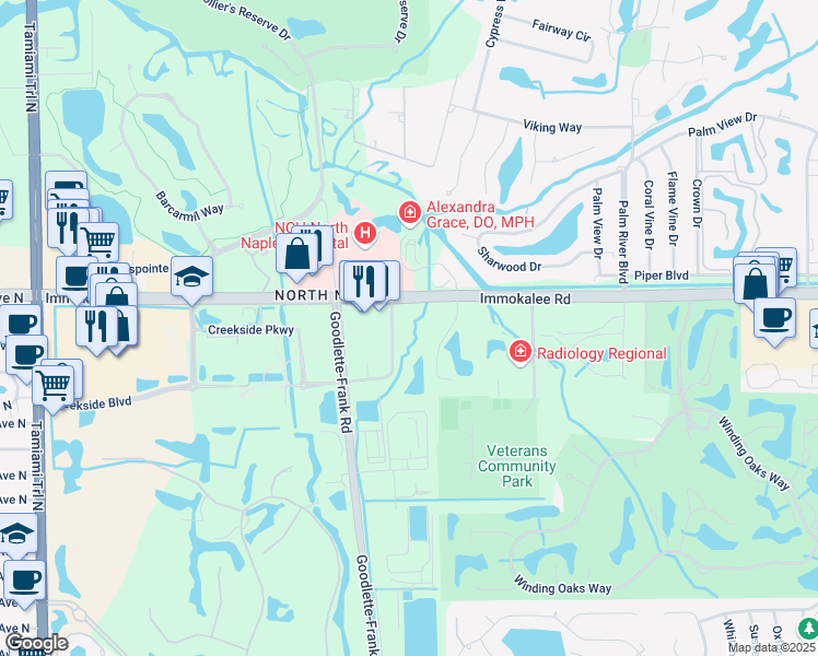 map of restaurants, bars, coffee shops, grocery stores, and more near 1260 Creekside Boulevard in Naples