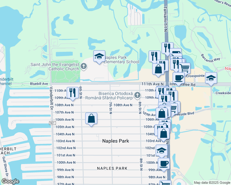map of restaurants, bars, coffee shops, grocery stores, and more near 721 109th Avenue North in Naples