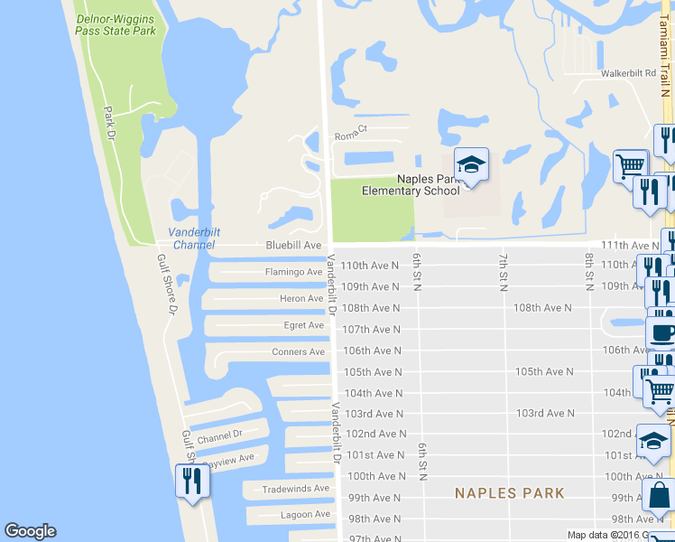 map of restaurants, bars, coffee shops, grocery stores, and more near 10940 Vanderbilt Drive in Naples