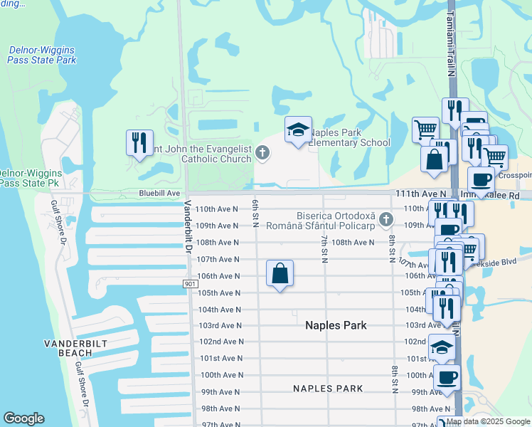 map of restaurants, bars, coffee shops, grocery stores, and more near 612 110th Avenue North in Naples