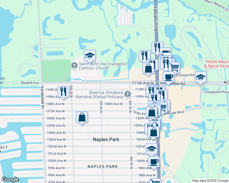 map of restaurants, bars, coffee shops, grocery stores, and more near 761 109th Avenue North in Naples
