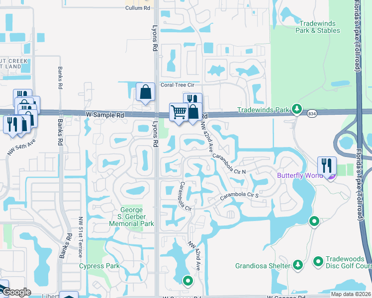 map of restaurants, bars, coffee shops, grocery stores, and more near 3599 Carambola Circle North in Coconut Creek