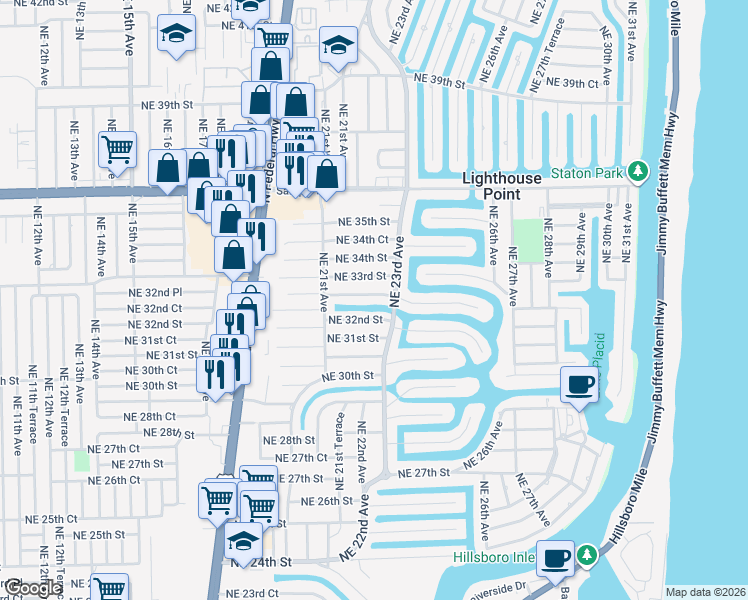 map of restaurants, bars, coffee shops, grocery stores, and more near 2230 Northeast 32nd Court in Lighthouse Point