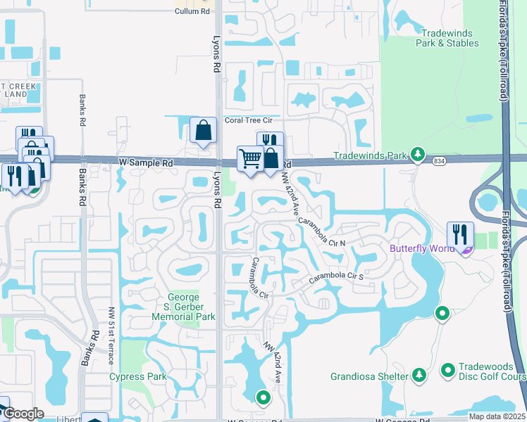 map of restaurants, bars, coffee shops, grocery stores, and more near 3599 Carambola Circle North in Coconut Creek