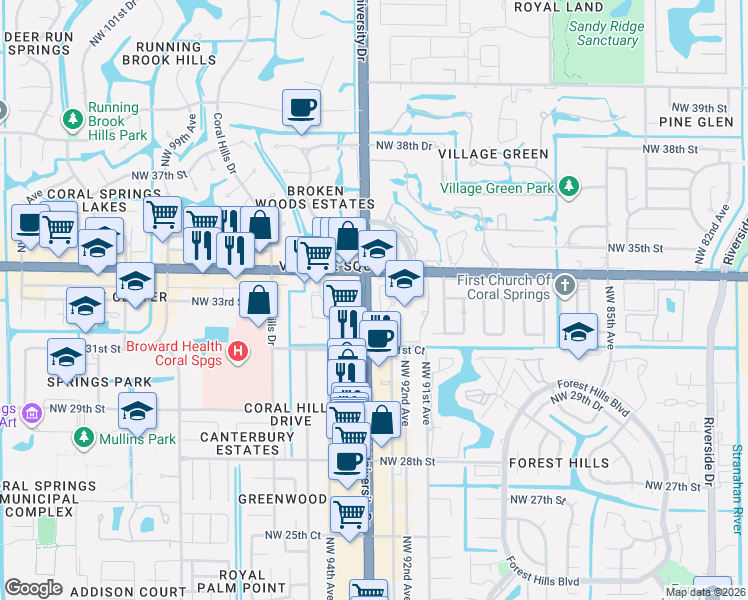 map of restaurants, bars, coffee shops, grocery stores, and more near 3207 North University Drive in Coral Springs