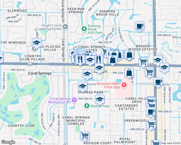 map of restaurants, bars, coffee shops, grocery stores, and more near 10192 Northwest 33rd Street in Coral Springs